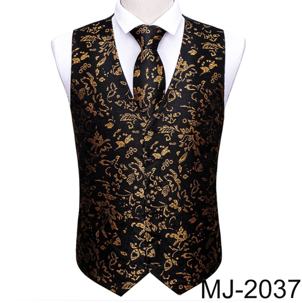Black And Brown Floral Silk 4pc Waistcoat Vest Necktie Pocket Square Cufflinks Set-MJ-2037 - SimonVon Shop