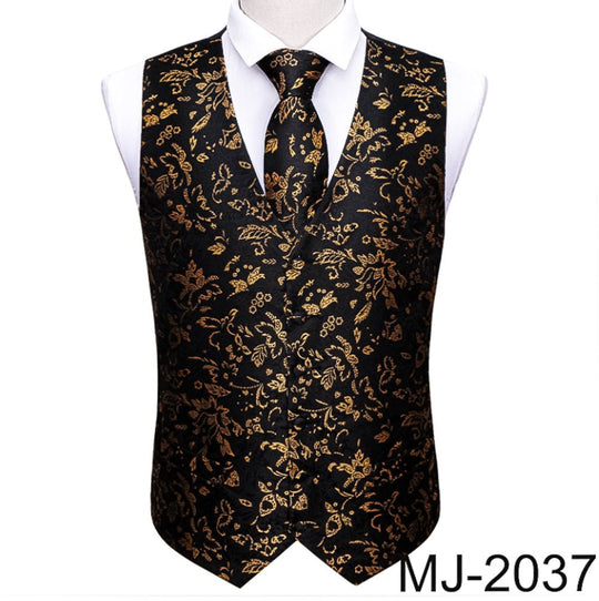 Black And Brown Floral Silk 4pc Waistcoat Vest Necktie Pocket Square Cufflinks Set-MJ-2037 - SimonVon Shop