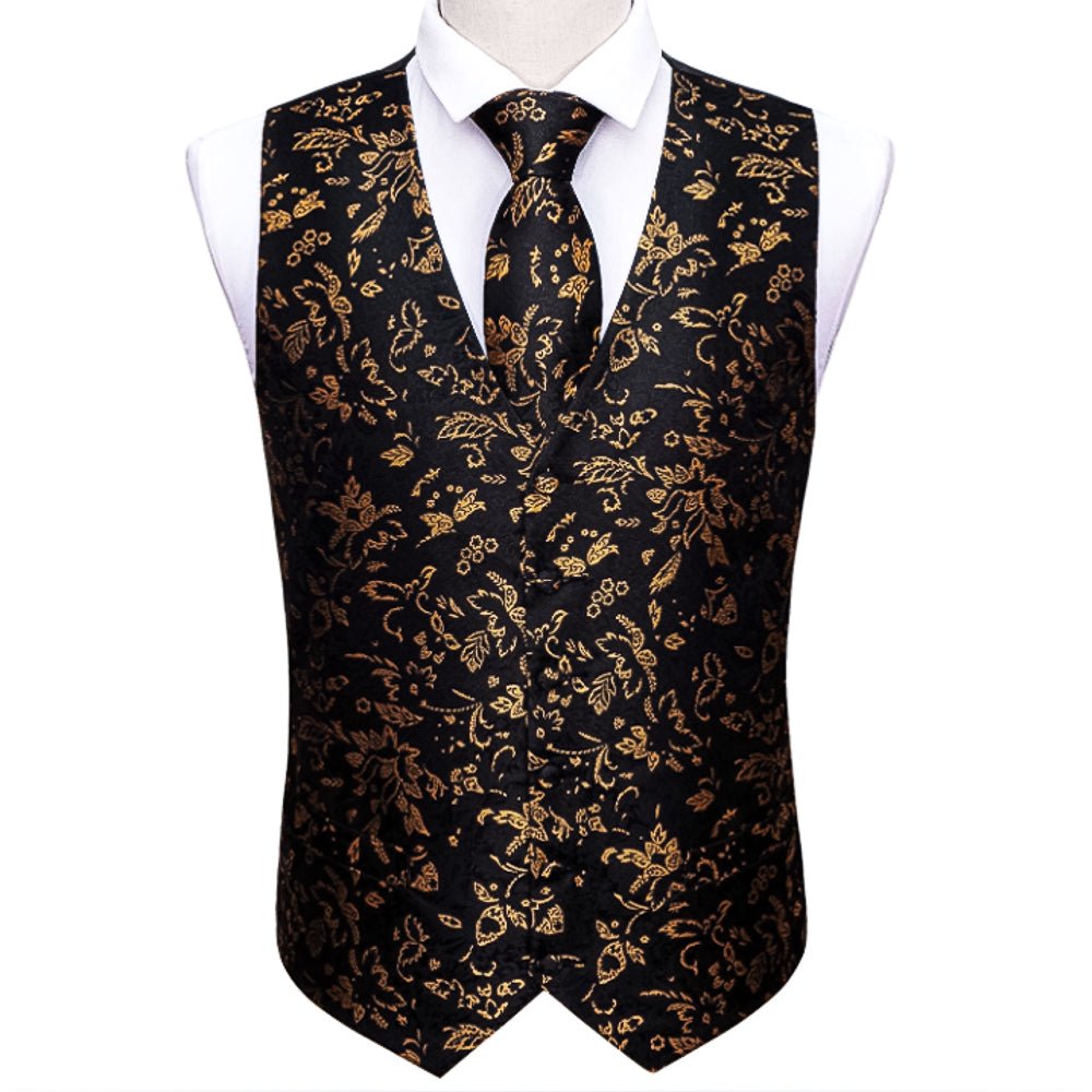 Black And Brown Floral Silk 4pc Waistcoat Vest Necktie Pocket Square Cufflinks Set-MJ-2037 - SimonVon Shop