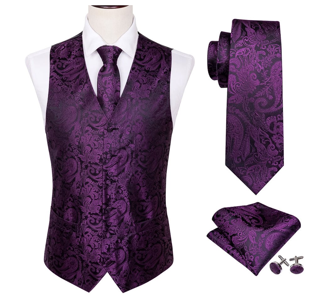 Black and Purple Silk 4pc Waistcoat Vest Necktie Pocket Square Cufflinks Set-MJ-2038 - SimonVon Shop