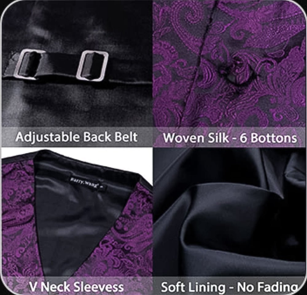Black and Purple Silk 4pc Waistcoat Vest Necktie Pocket Square Cufflinks Set-MJ-2038 - SimonVon Shop