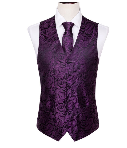 Black and Purple Silk 4pc Waistcoat Vest Necktie Pocket Square Cufflinks Set-MJ-2038 - SimonVon Shop