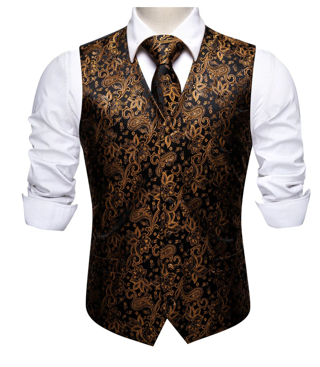 BLACK BROWN JACQUARD SILK WAISTCOAT VEST HANDKERCHIEF CUFFLINKS TIE VEST SET- MJ-2078 - SimonVon Shop