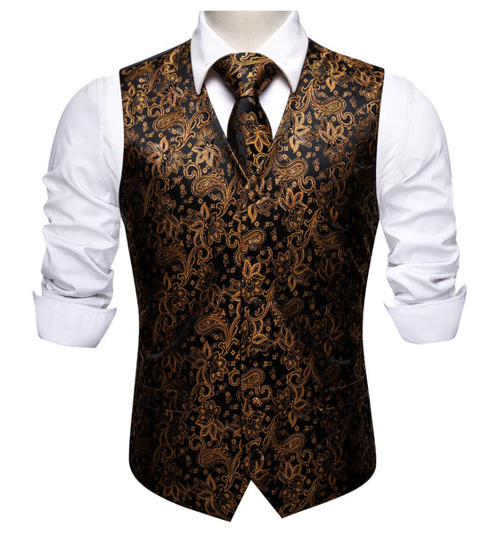 BLACK BROWN JACQUARD SILK WAISTCOAT VEST HANDKERCHIEF CUFFLINKS TIE VEST SET- MJ-2078 - SimonVon Shop