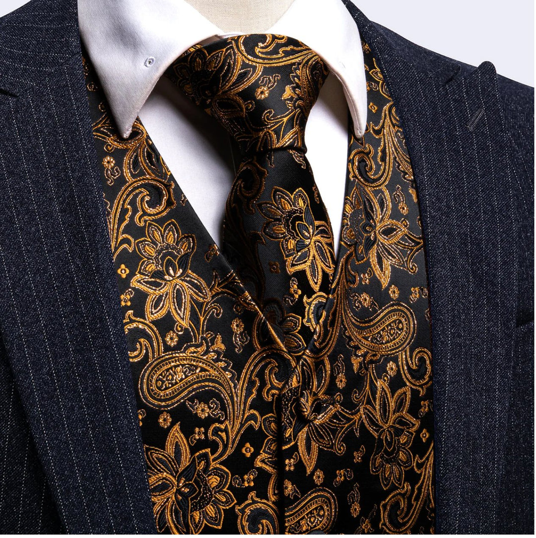 BLACK BROWN JACQUARD SILK WAISTCOAT VEST HANDKERCHIEF CUFFLINKS TIE VEST SET- MJ-2078 - SimonVon Shop