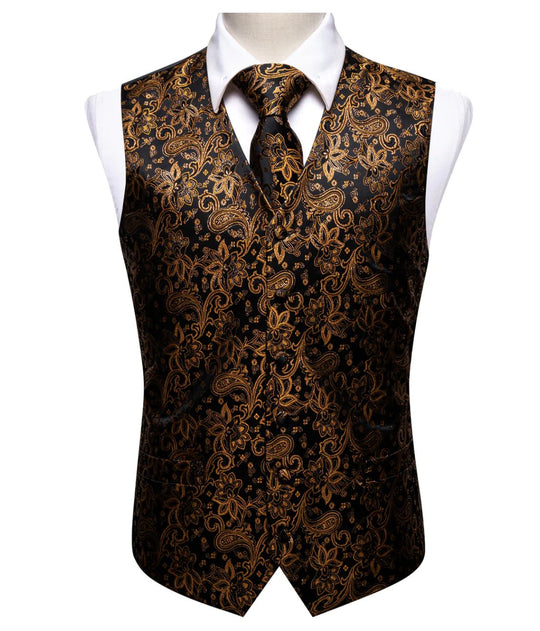BLACK BROWN JACQUARD SILK WAISTCOAT VEST HANDKERCHIEF CUFFLINKS TIE VEST SET- MJ-2078 - SimonVon Shop
