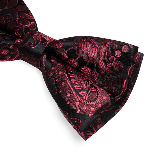 BLACK CLARET FLORAL SILK MEN'S PRE-BOWTIE POCKET SQUARE CUFFLINKS SET- LH-7090 - SimonVon Shop