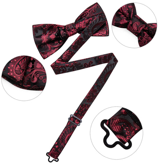 BLACK CLARET FLORAL SILK MEN'S PRE-BOWTIE POCKET SQUARE CUFFLINKS SET- LH-7090 - SimonVon Shop