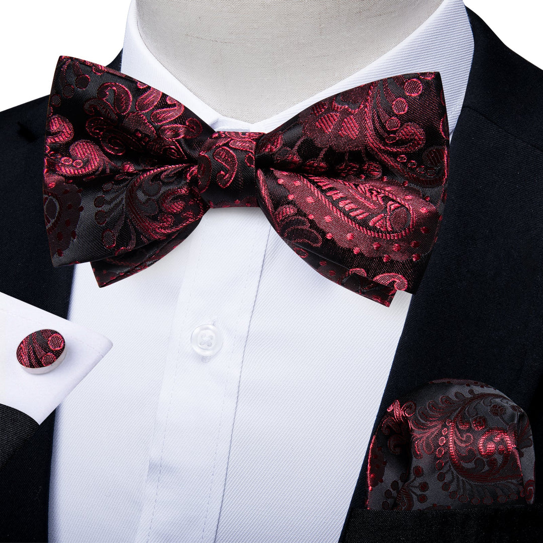 BLACK CLARET FLORAL SILK MEN'S PRE-BOWTIE POCKET SQUARE CUFFLINKS SET- LH-7090 - SimonVon Shop