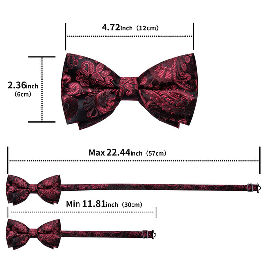 BLACK CLARET FLORAL SILK MEN'S PRE-BOWTIE POCKET SQUARE CUFFLINKS SET- LH-7090 - SimonVon Shop