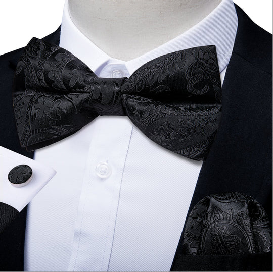 Black Floral Silk Bowtie Pocket Square Cufflinks Set- LH-7019 - SimonVon Shop