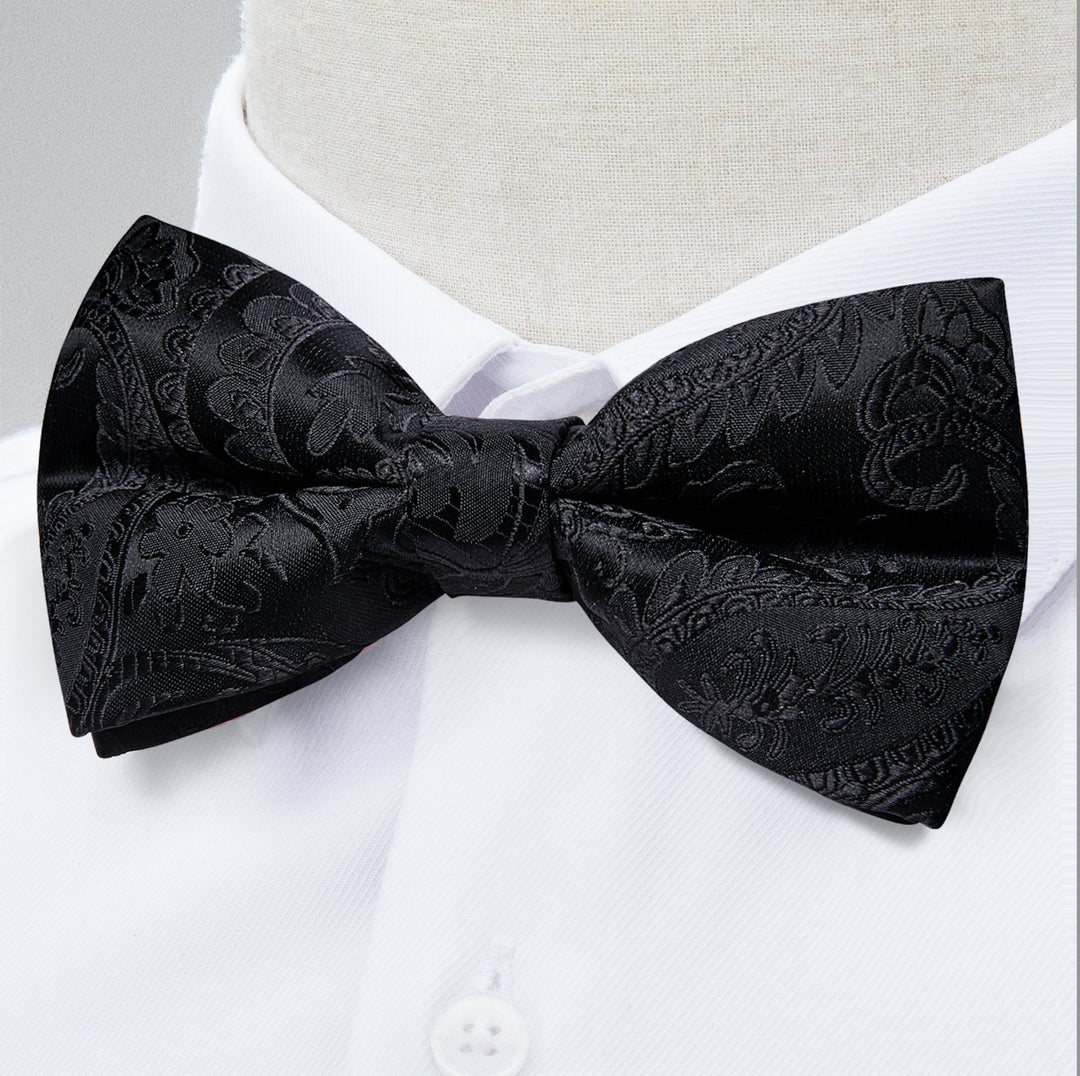 Black Floral Silk Bowtie Pocket Square Cufflinks Set- LH-7019 - SimonVon Shop