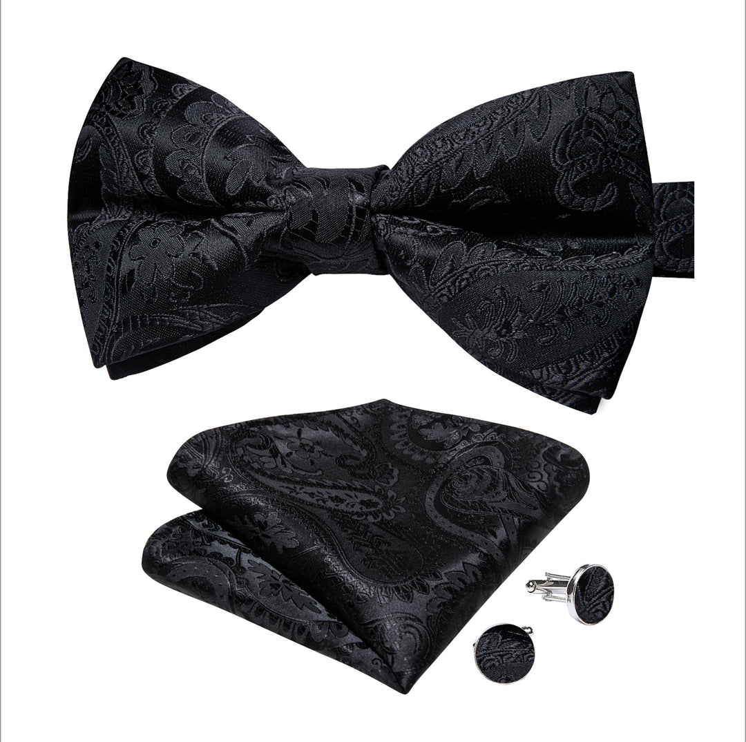 Black Floral Silk Bowtie Pocket Square Cufflinks Set- LH-7019 - SimonVon Shop