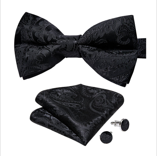 Black Floral Silk Bowtie Pocket Square Cufflinks Set- LH-7019 - SimonVon Shop