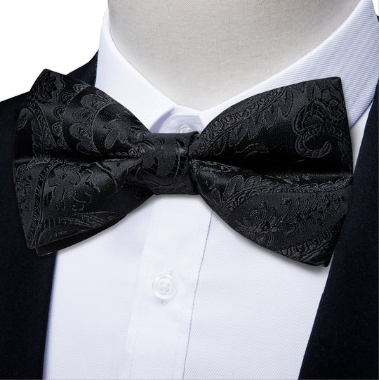Black Floral Silk Bowtie Pocket Square Cufflinks Set- LH-7019 - SimonVon Shop