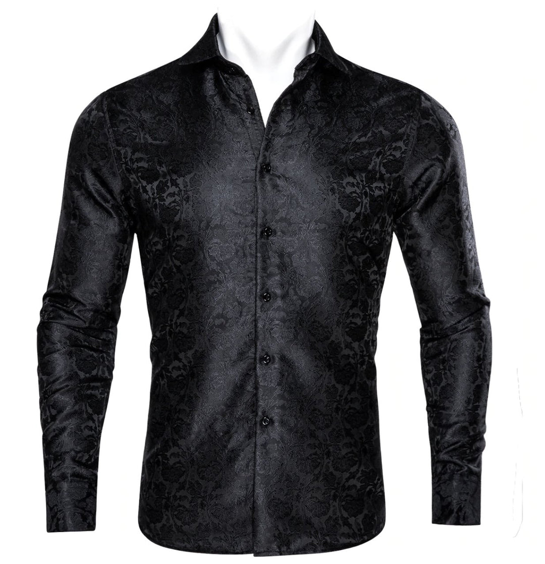 Black Floral Silk Men's Shirt. CY-0058 - SimonVon Shop