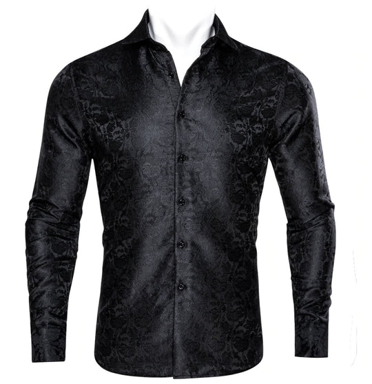 Black Floral Silk Men's Shirt. CY-0058 - SimonVon Shop