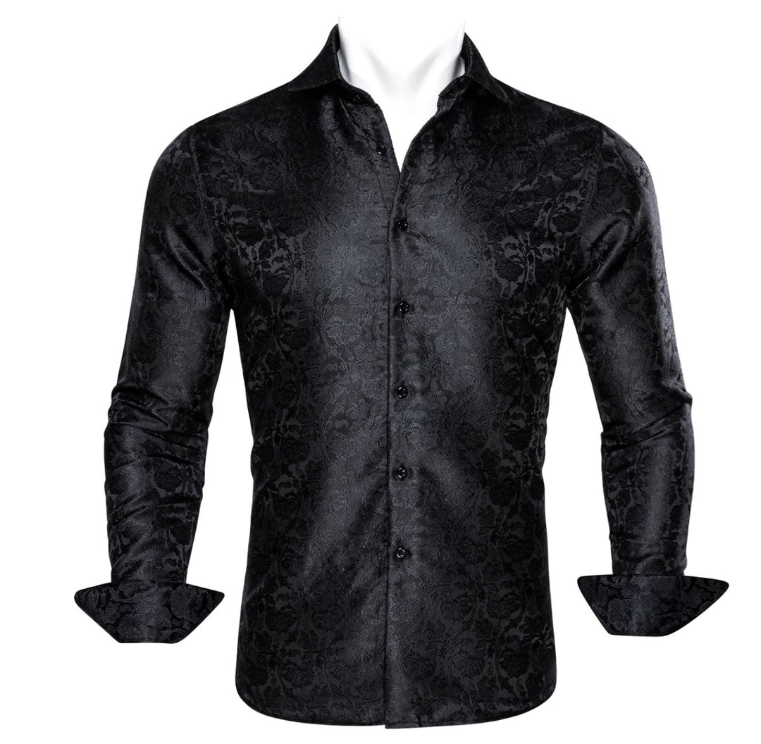 Black Floral Silk Men's Shirt. CY-0058 - SimonVon Shop