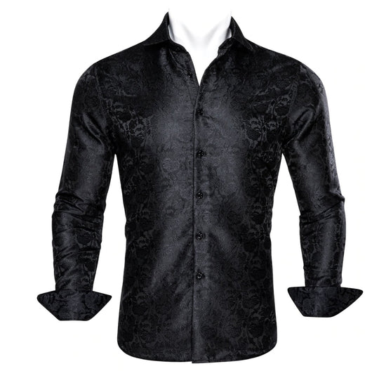 Black Floral Silk Men's Shirt. CY-0058 - SimonVon Shop