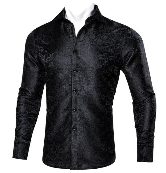 Black Floral Silk Men's Shirt. CY-0058 - SimonVon Shop