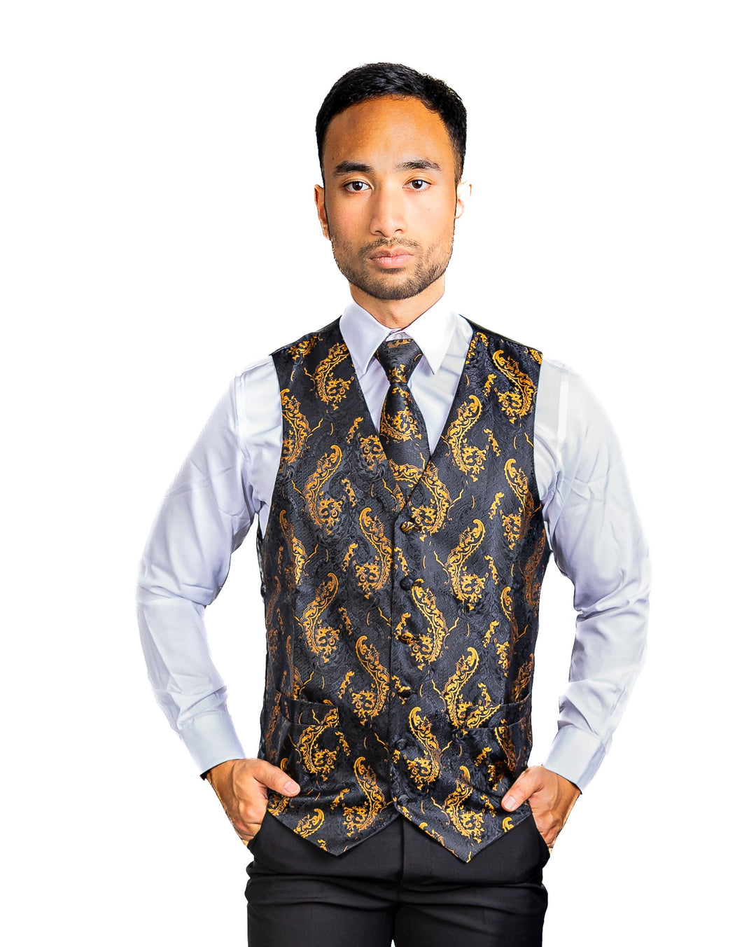 Black Gold Floral Jacquard Silk Wastcoat Vest Handerchif Cufflinks Tie Vest Set- Mj-0123 - SimonVon Shop