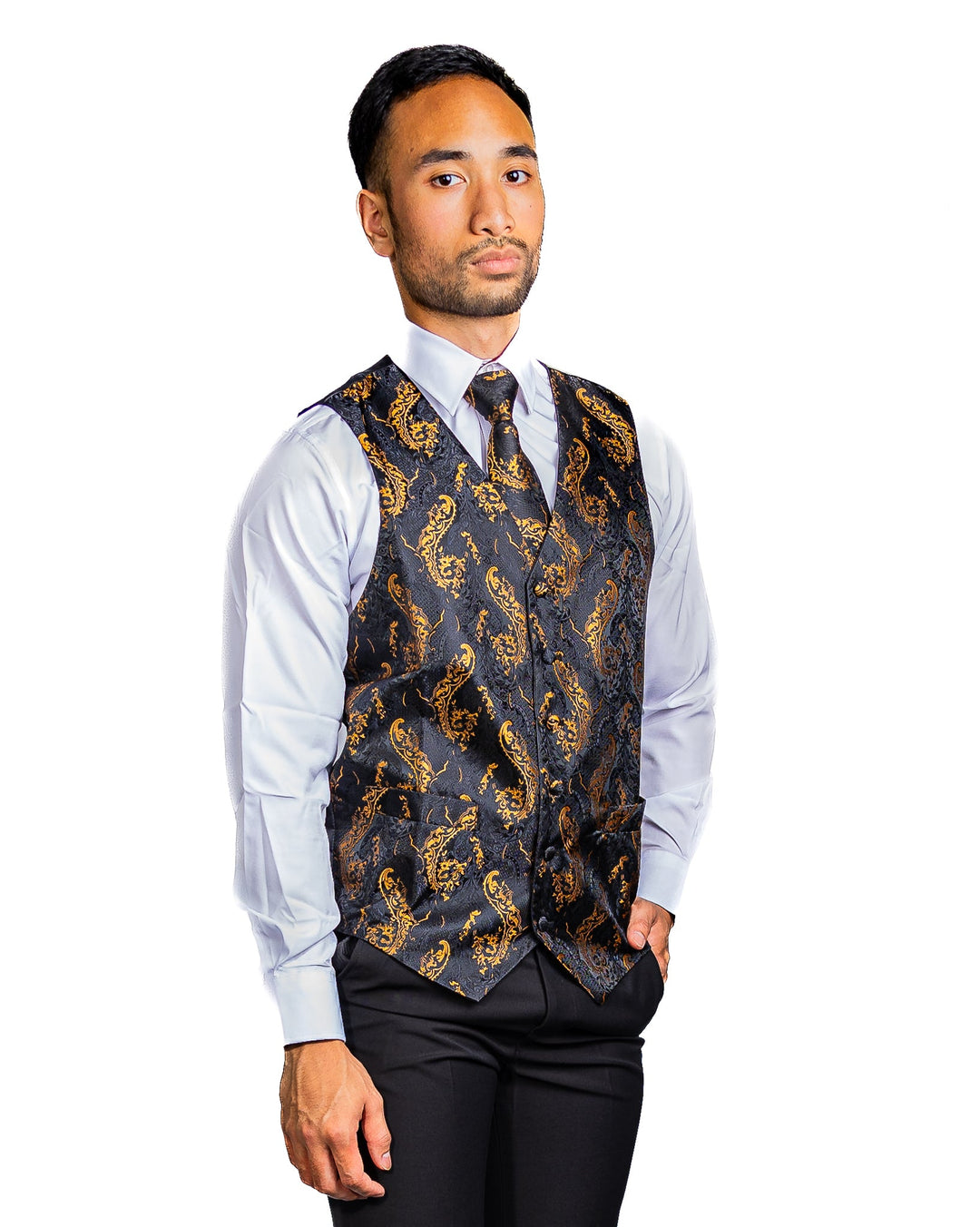 Black Gold Floral Jacquard Silk Wastcoat Vest Handerchif Cufflinks Tie Vest Set- Mj-0123 - SimonVon Shop