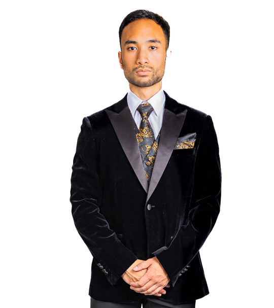 Black Gold Floral Jacquard Silk Wastcoat Vest Handerchif Cufflinks Tie Vest Set- Mj-0123 - SimonVon Shop