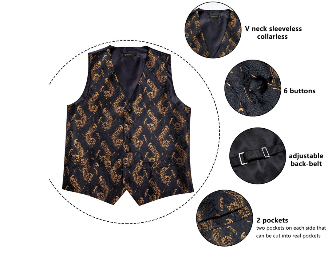 Black Gold Floral Jacquard Silk Wastcoat Vest Handerchif Cufflinks Tie Vest Set- Mj-0123 - SimonVon Shop