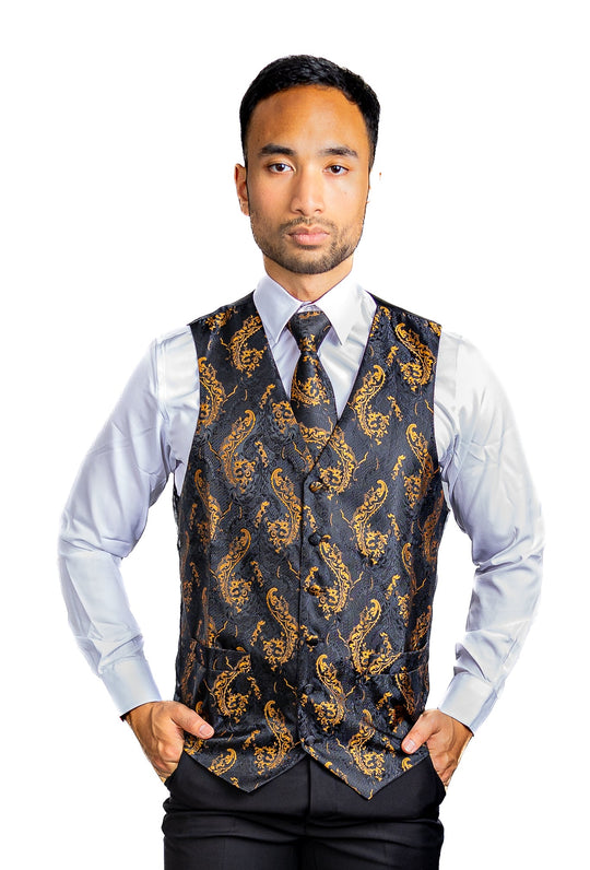 Black Gold Floral Jacquard Silk Wastcoat Vest Handerchif Cufflinks Tie Vest Set- Mj-0123 - SimonVon Shop