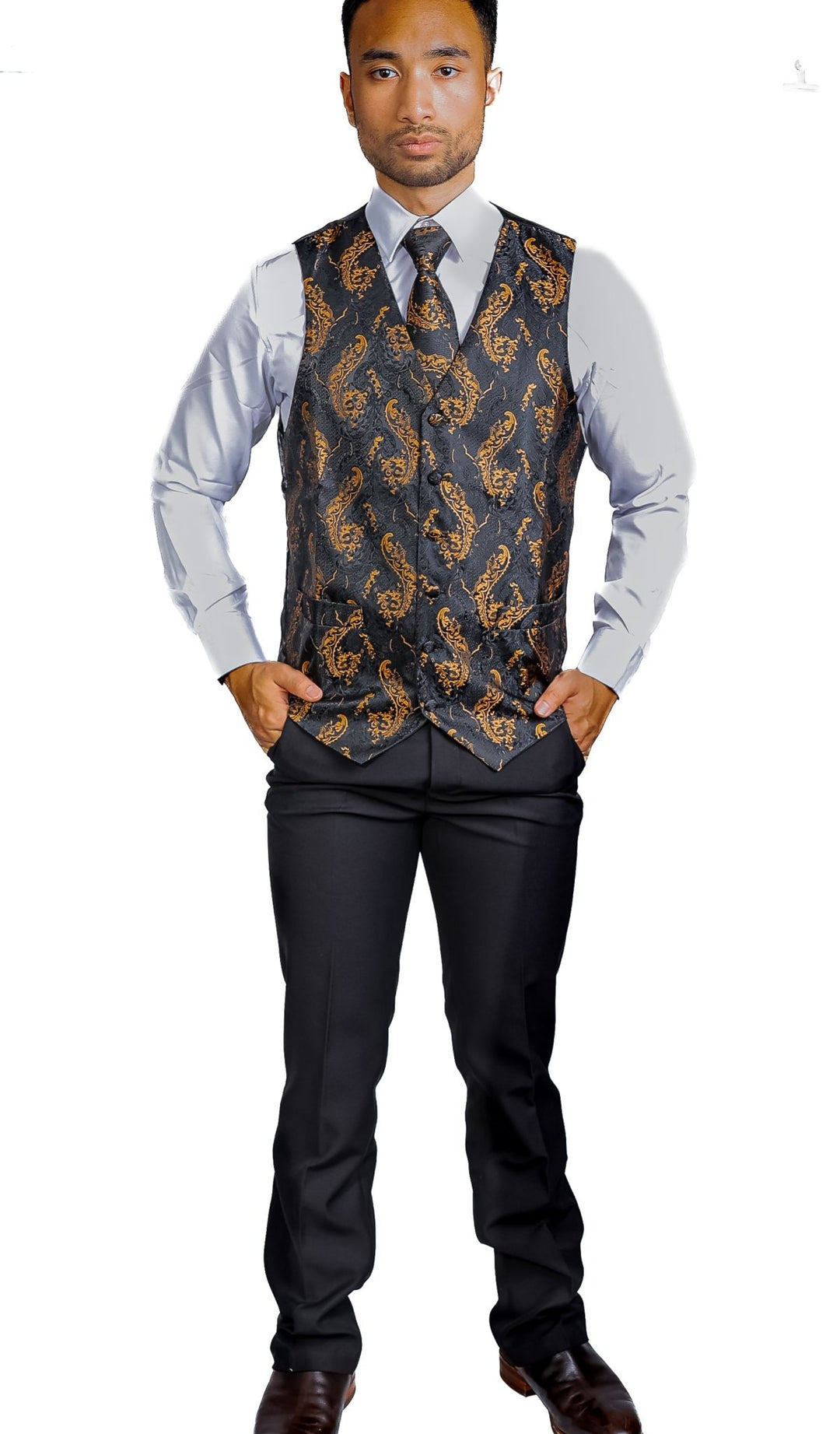 Black Gold Floral Jacquard Silk Wastcoat Vest Handerchif Cufflinks Tie Vest Set- Mj-0123 - SimonVon Shop