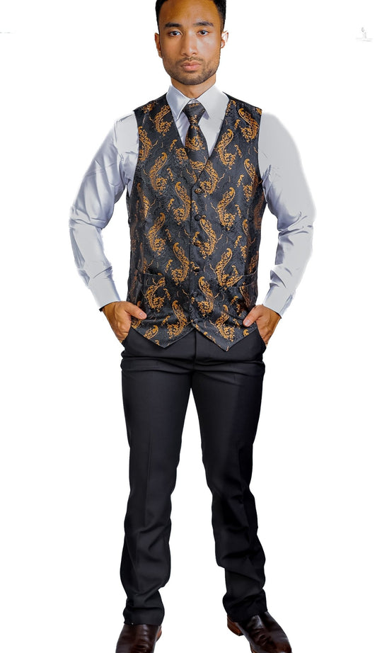 Black Gold Floral Jacquard Silk Wastcoat Vest Handerchif Cufflinks Tie Vest Set- Mj-0123 - SimonVon Shop