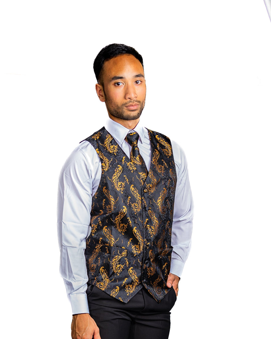 Black Gold Floral Jacquard Silk Wastcoat Vest Handerchif Cufflinks Tie Vest Set- Mj-0123 - SimonVon Shop