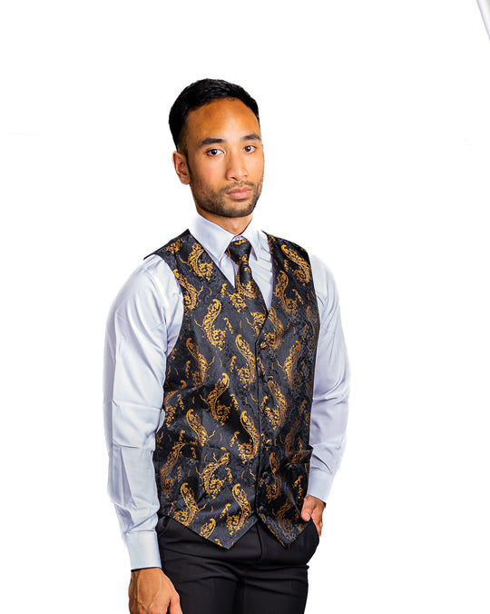 Black Gold Floral Jacquard Silk Wastcoat Vest Handerchif Cufflinks Tie Vest Set- Mj-0123 - SimonVon Shop