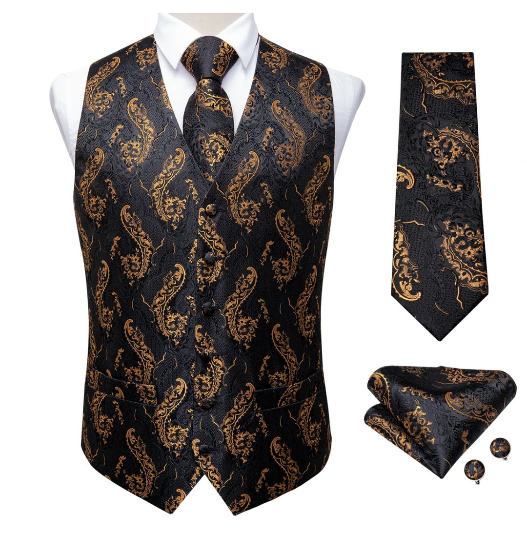 Black Gold Floral Jacquard Silk Wastcoat Vest Handerchif Cufflinks Tie Vest Set- Mj-0123 - SimonVon Shop
