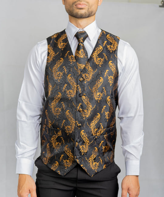 Black Gold Floral Jacquard Silk Wastcoat Vest Handerchif Cufflinks Tie Vest Set- Mj-0123 - SimonVon Shop