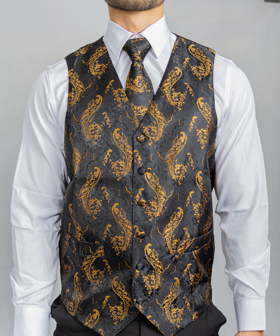 Black Gold Floral Jacquard Silk Wastcoat Vest Handerchif Cufflinks Tie Vest Set- Mj-0123 - SimonVon Shop