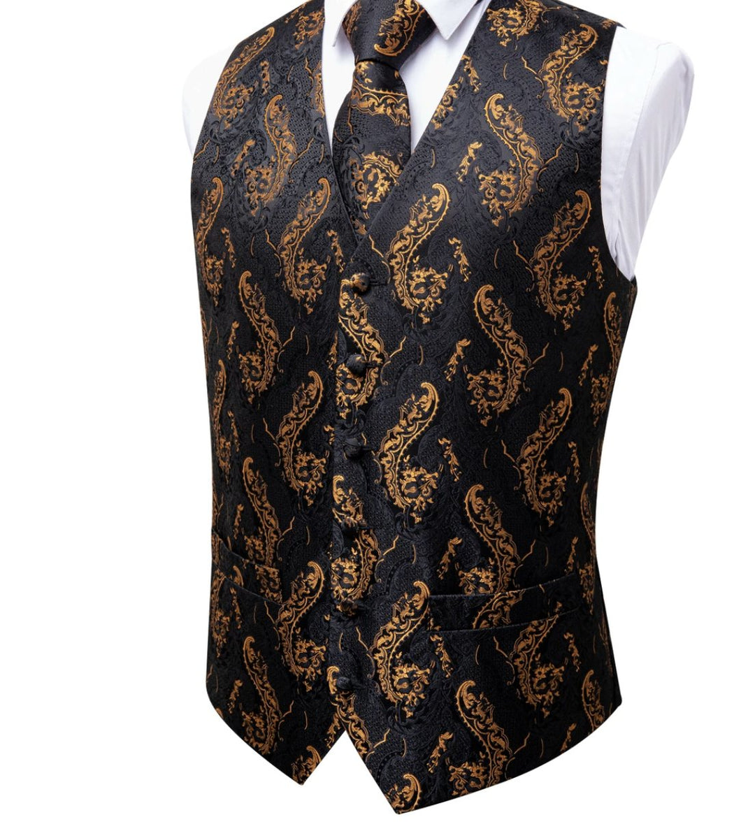 Black Gold Floral Jacquard Silk Wastcoat Vest Handerchif Cufflinks Tie Vest Set- Mj-0123 - SimonVon Shop