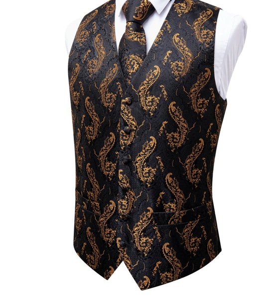 Black Gold Floral Jacquard Silk Wastcoat Vest Handerchif Cufflinks Tie Vest Set- Mj-0123 - SimonVon Shop