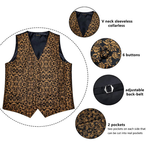Black Gold Floral Paisley Waistcoat and Necktie Pocket Square Cufflink Vest Set-MJ-0126 - SimonVon Shop