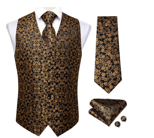 Black Gold Floral Paisley Waistcoat and Necktie Pocket Square Cufflink Vest Set-MJ-0126 - SimonVon Shop