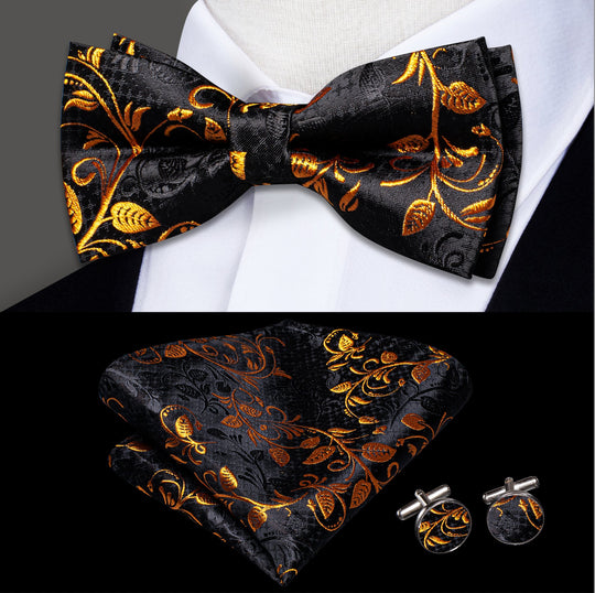 Black Gold Floral Silk Bowtie Pocket Square Cufflinks Set- LH-0573 - SimonVon Shop