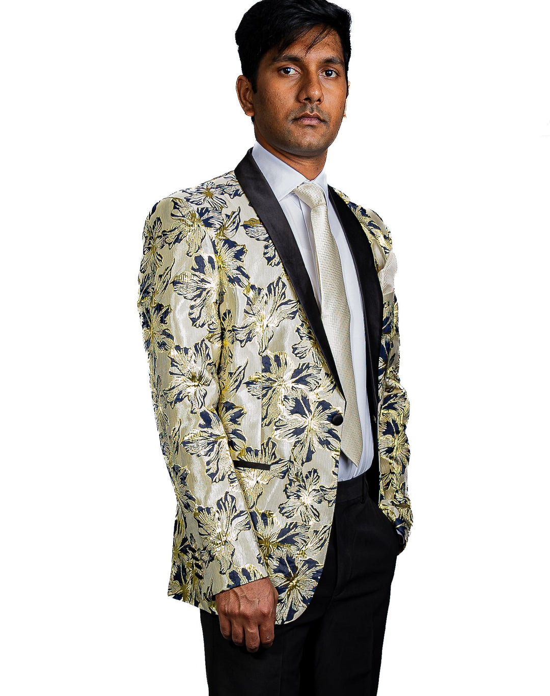 Black Gold Floral Suit Jacket Slim One Button Stylish Blazer-XX-0033 - SimonVon Shop