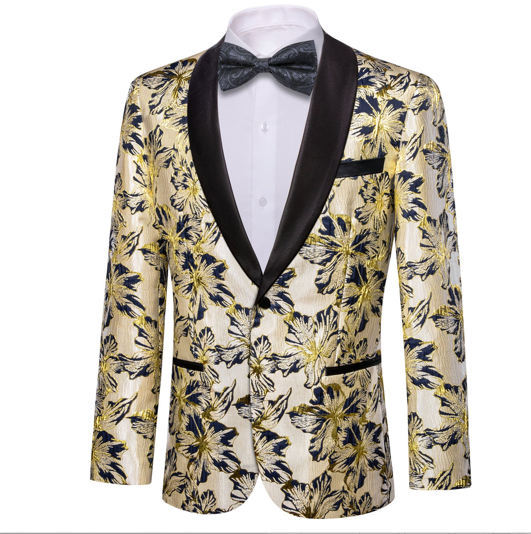 Black Gold Floral Suit Jacket Slim One Button Stylish Blazer-XX-0033 - SimonVon Shop