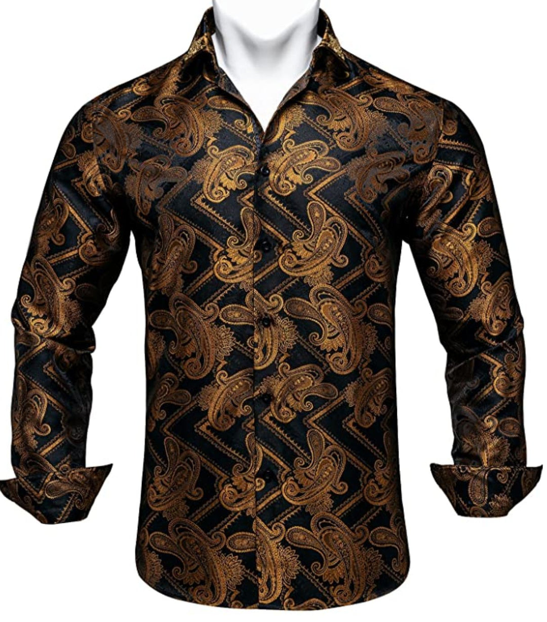 Black Gold Silk Paisley Long Sleeve Men's Shirt. CY-2010 - SimonVon Shop