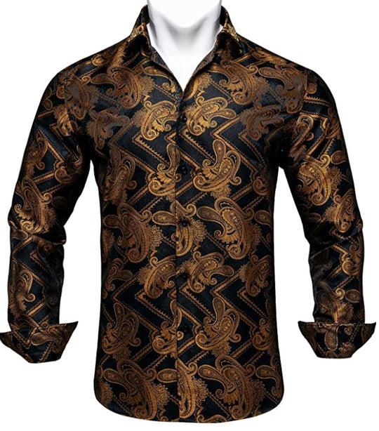 Black Gold Silk Paisley Long Sleeve Men's Shirt. CY-2010 - SimonVon Shop