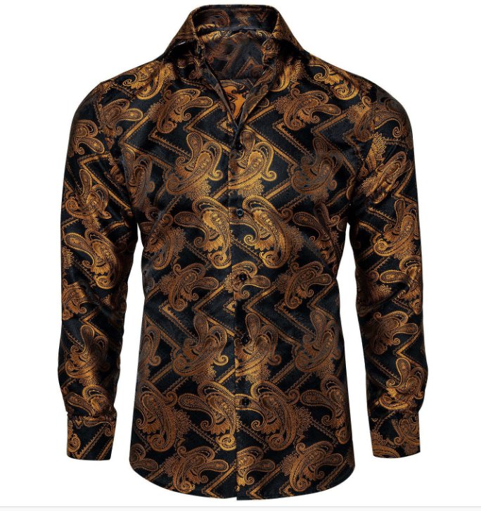 Black Gold Silk Paisley Long Sleeve Men's Shirt. CY-2010 - SimonVon Shop