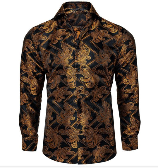 Black Gold Silk Paisley Long Sleeve Men's Shirt. CY-2010 - SimonVon Shop