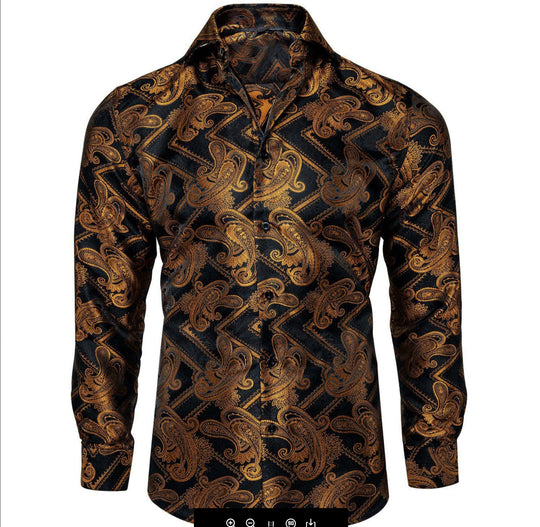 Black Gold Silk Paisley Long Sleeve Men's Shirt. CY-2010 - SimonVon Shop