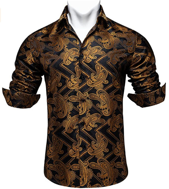 Black Gold Silk Paisley Long Sleeve Men's Shirt. CY-2010 - SimonVon Shop
