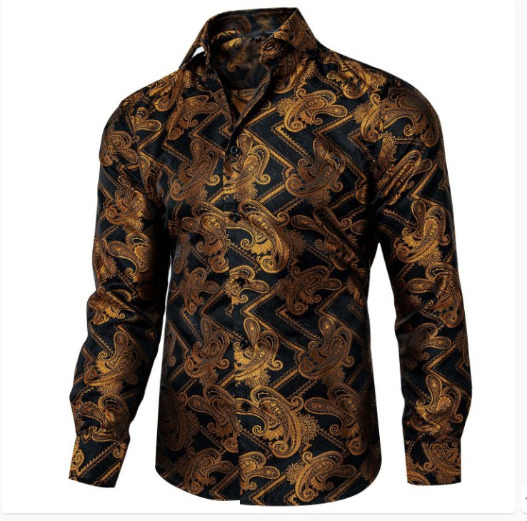 Black Gold Silk Paisley Long Sleeve Men's Shirt. CY-2010 - SimonVon Shop